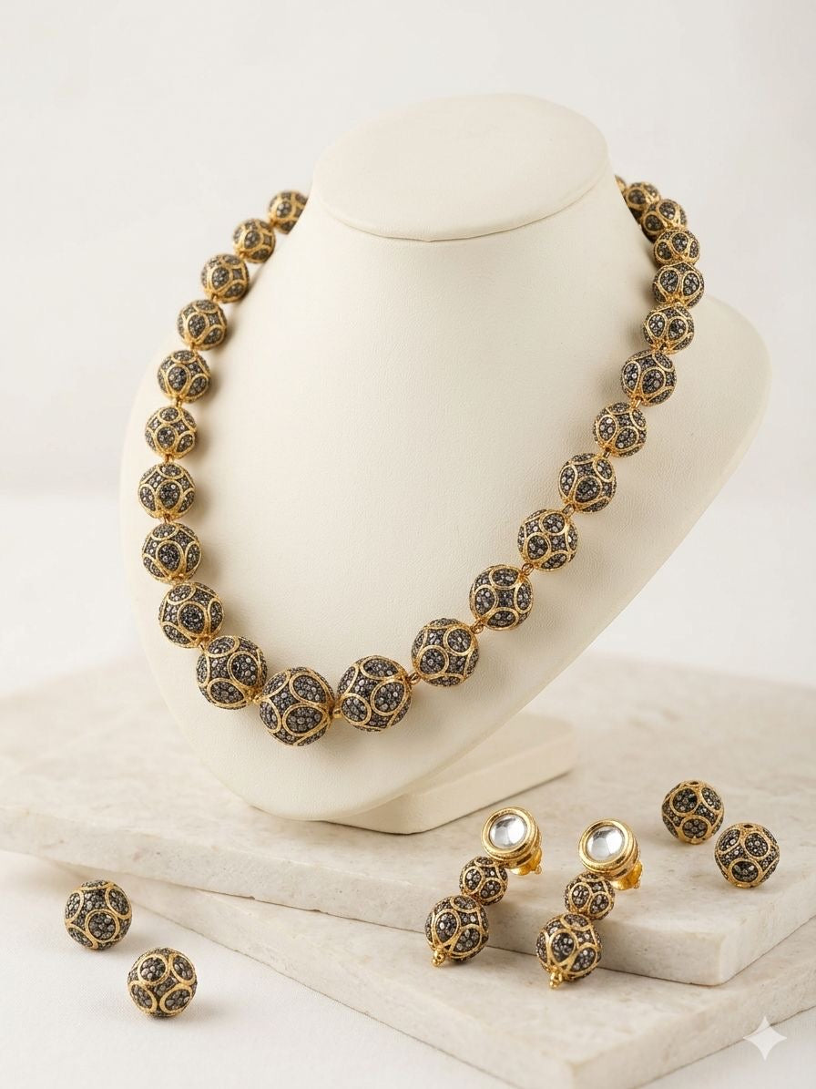 Gold & Black Diamond Filigree Globe Jewelry Set