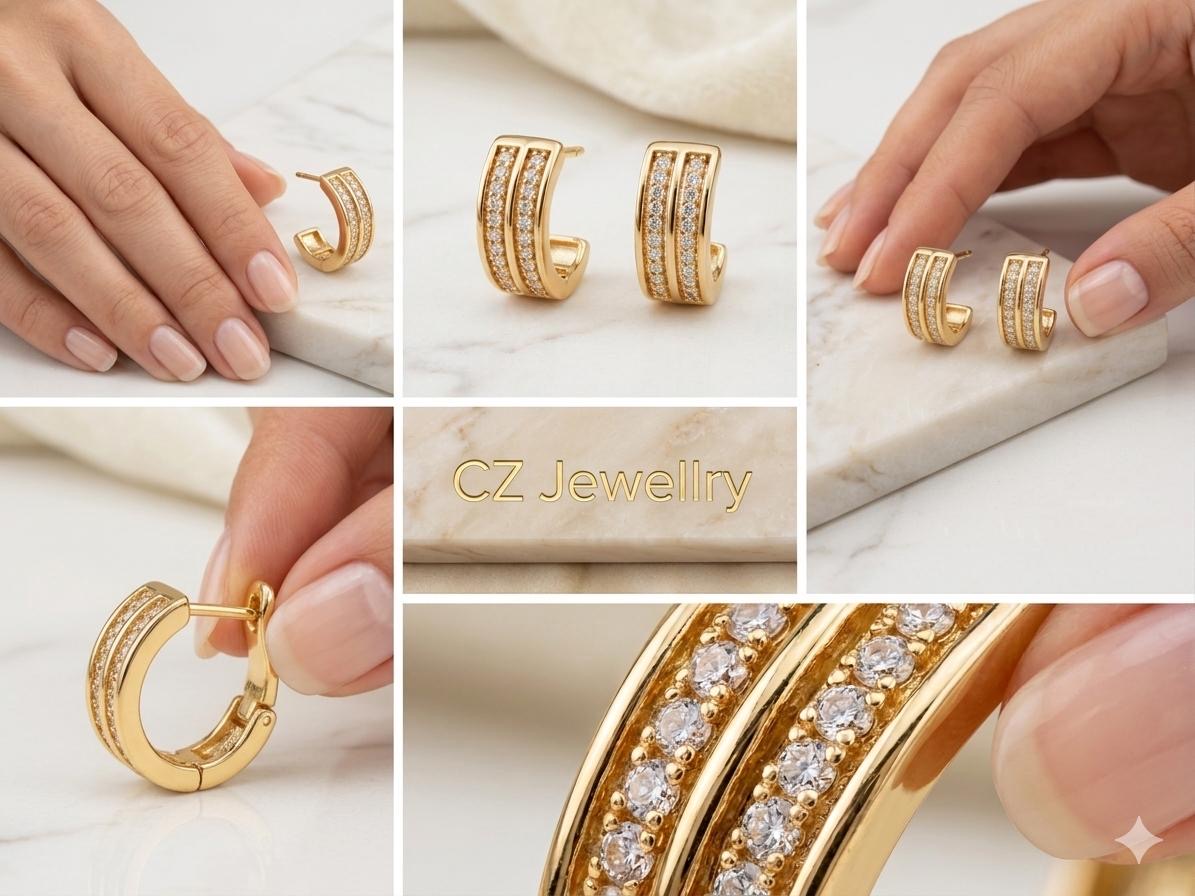 Dual-Row CZ Huggie Hoop Earrings