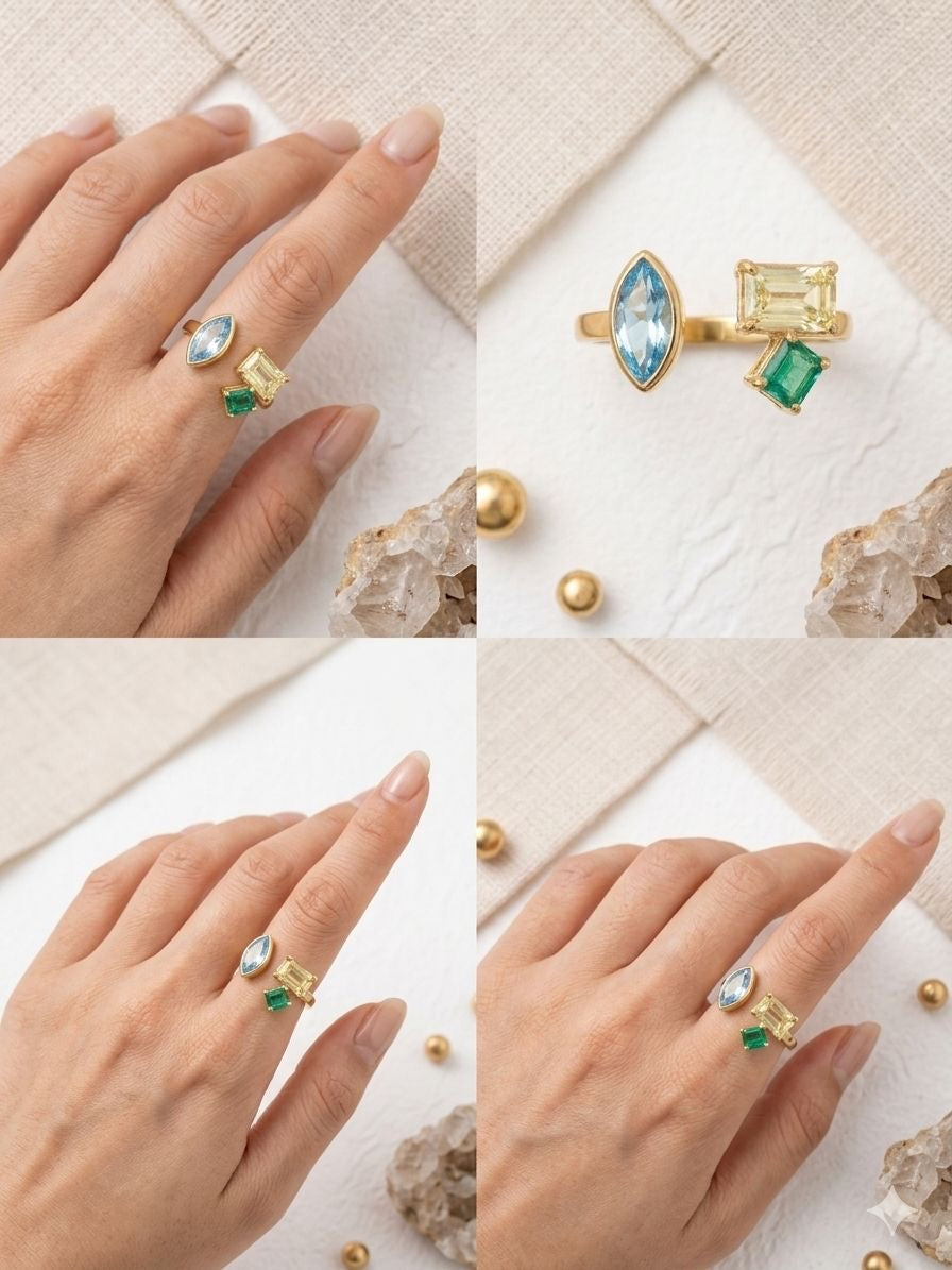 Multi-Gemstone Geometric Open Cuff Anti-Tarnish Ring