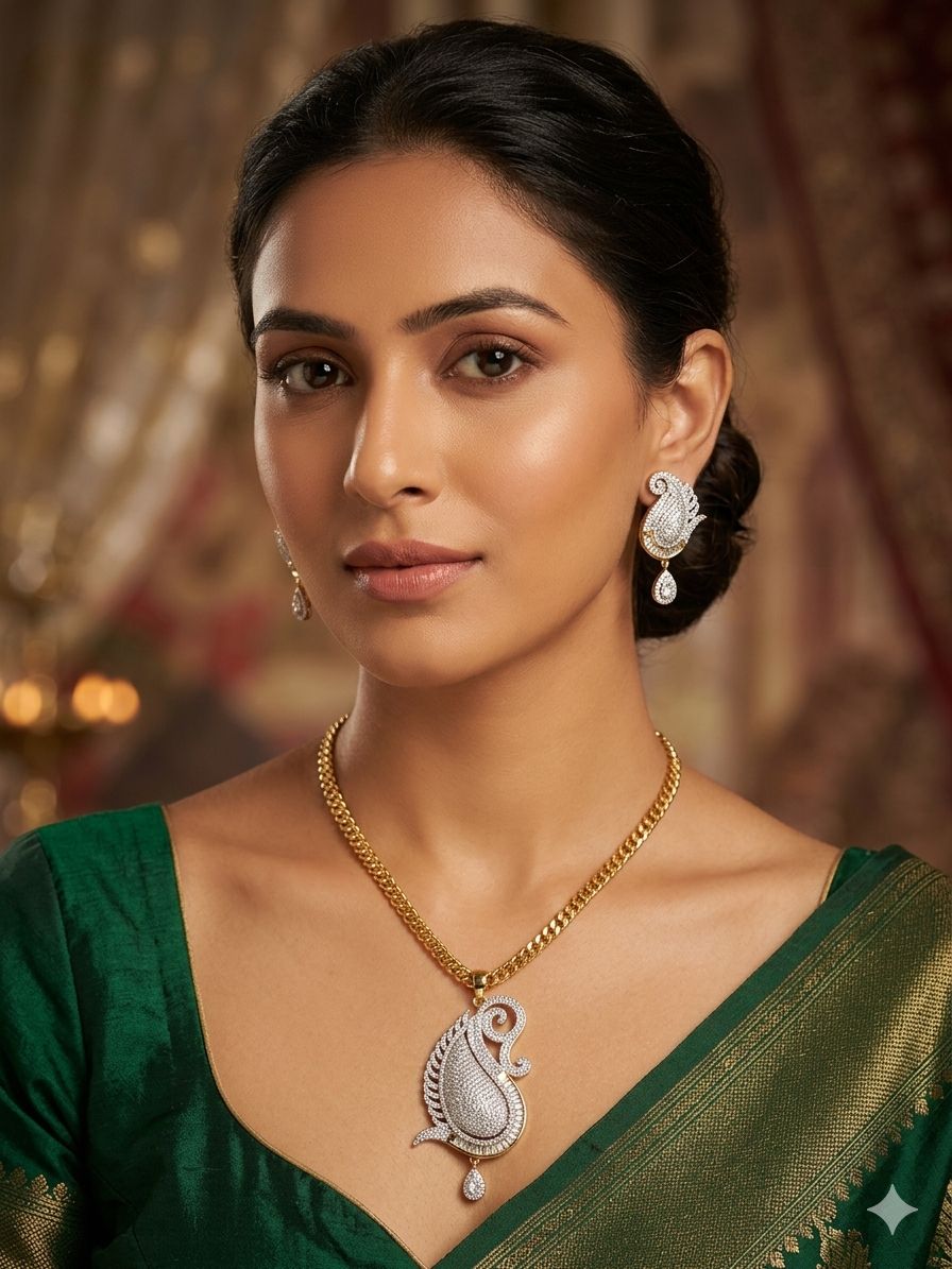 Golden Paisley Diamond Pendant & Earring Set