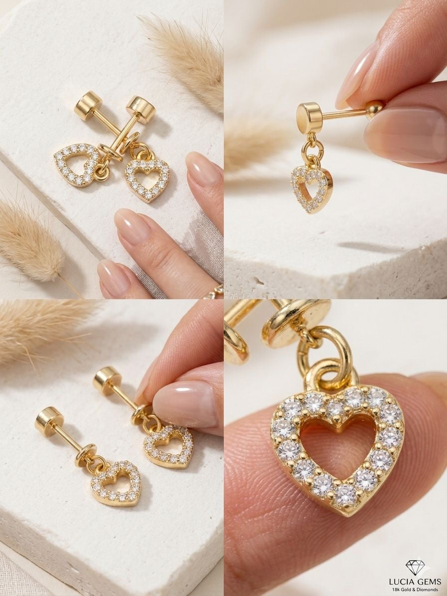 18K Gold & Diamond Heart Dangle Studs