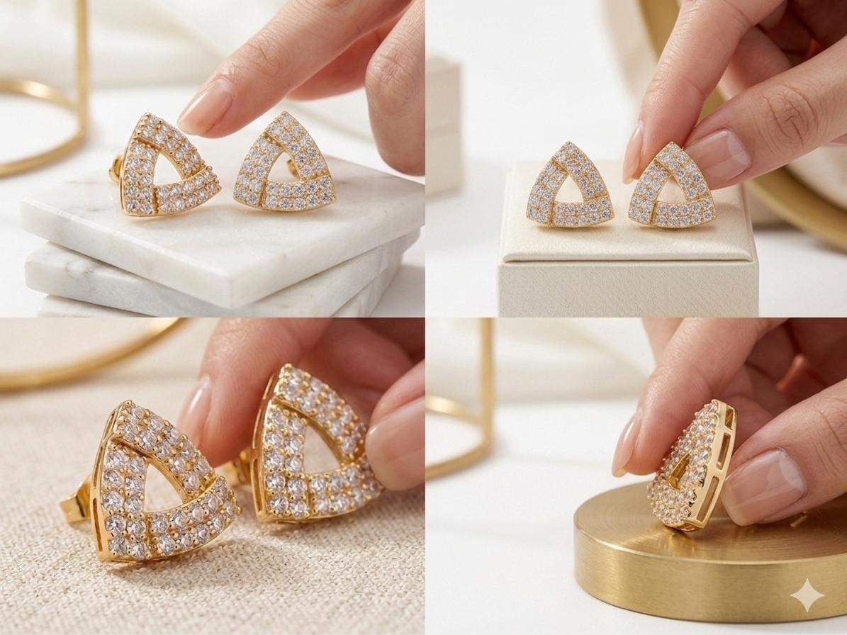 Geometric Triangle Pavé Stud Earrings