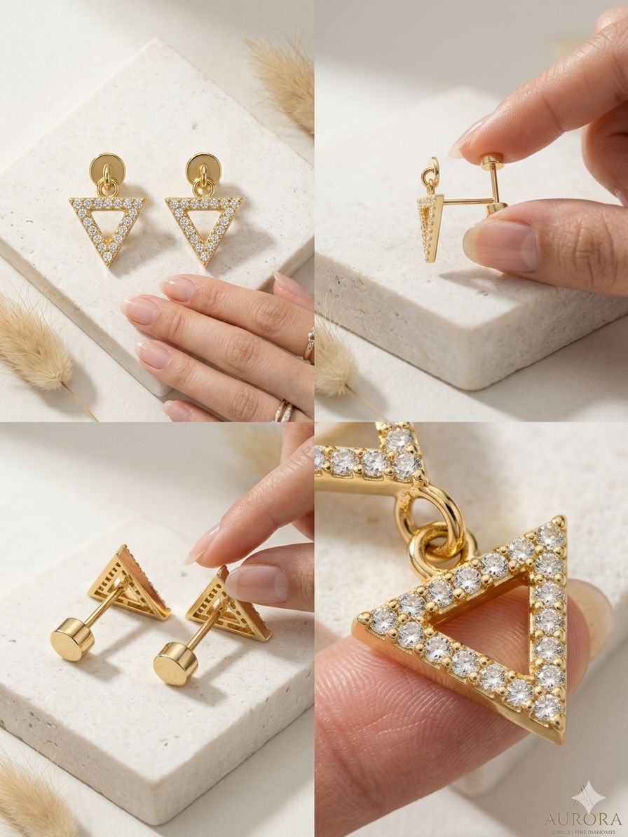 Geometric Pavé Triangle Dangle Studs