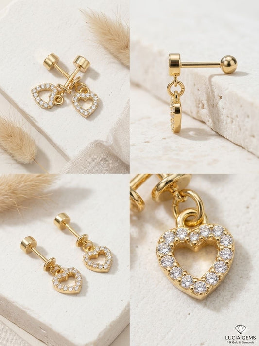 18K Gold & Diamond Heart Dangle Studs