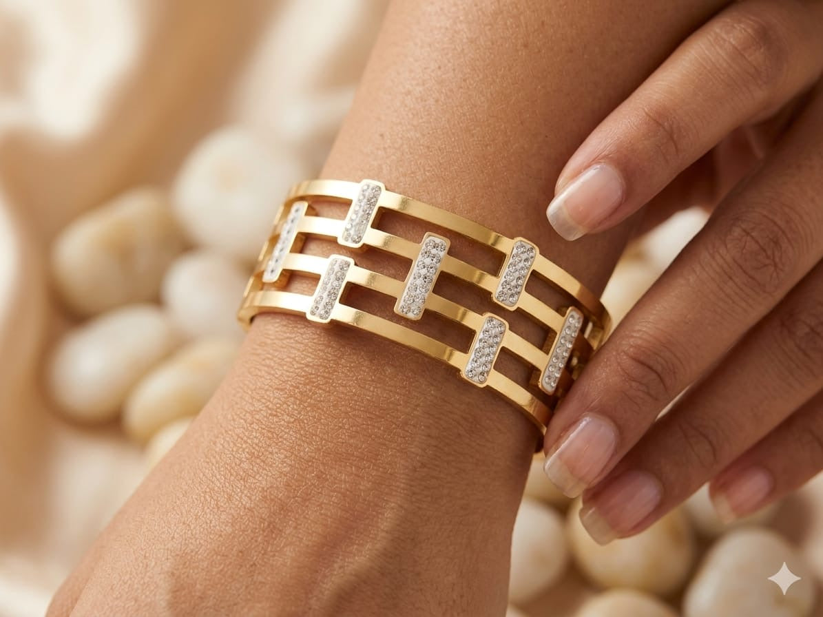 Golden Lattice Pavé Cuff Bangle