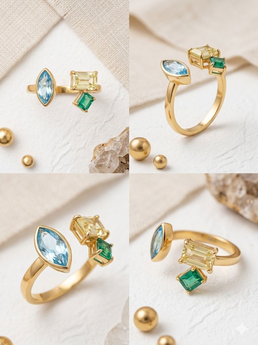 Multi-Gemstone Geometric Open Cuff Anti-Tarnish Ring