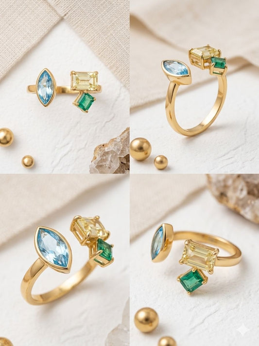 Multi-Gemstone Geometric Open Cuff Anti-Tarnish Ring