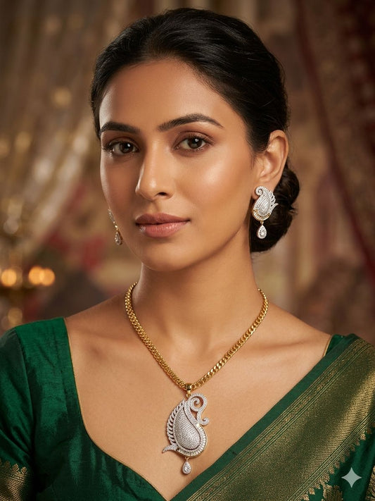 Golden Paisley Diamond Pendant & Earring Set