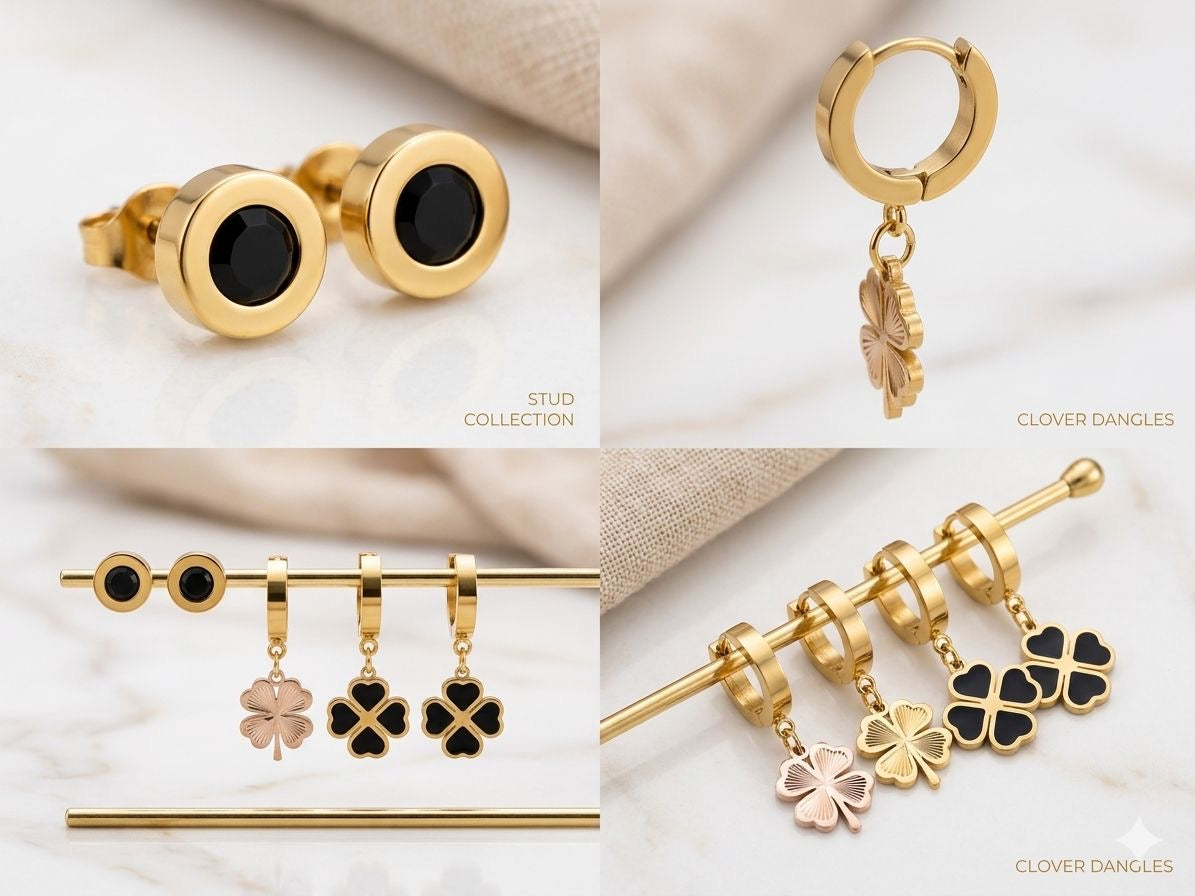 Onyx Bezel Studs & Clover Dangle Collection