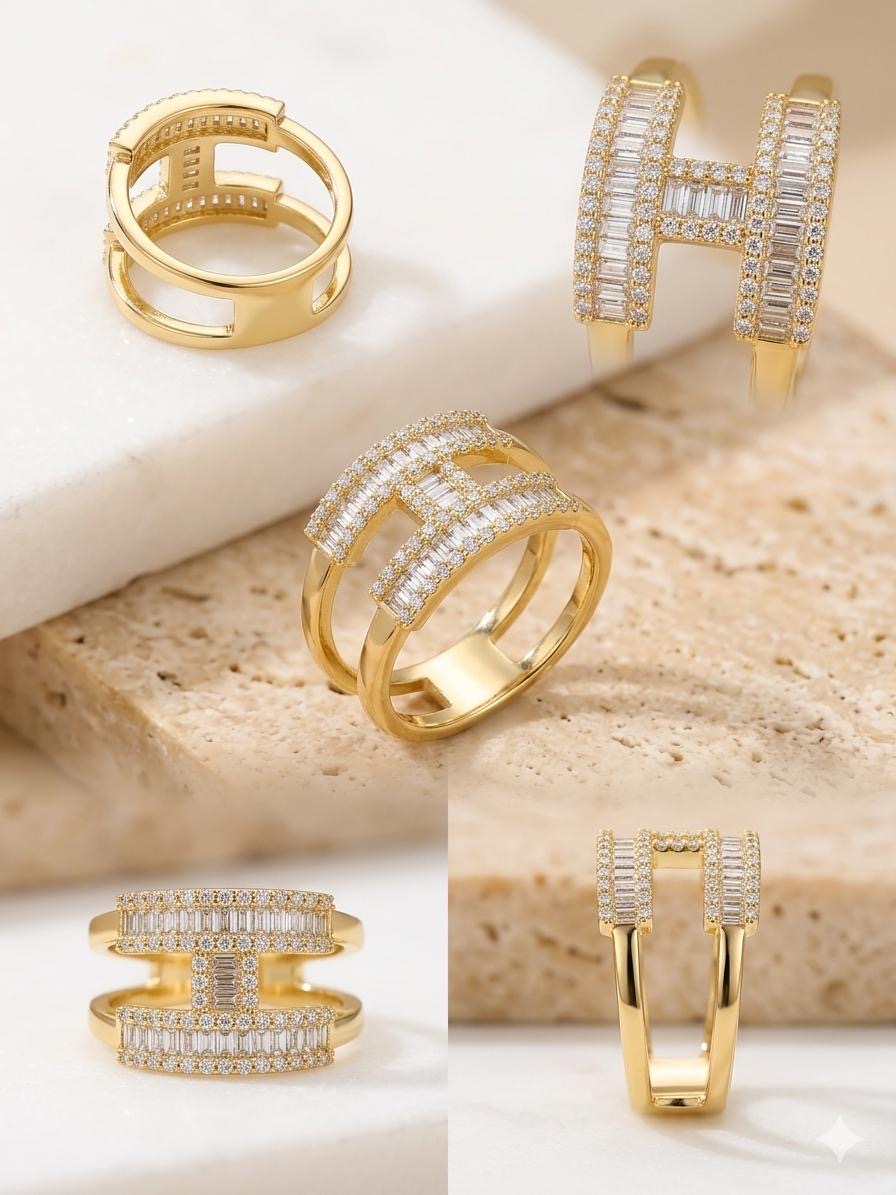 Luxe Double-Bar Pavé Diamond Adjustable Ring