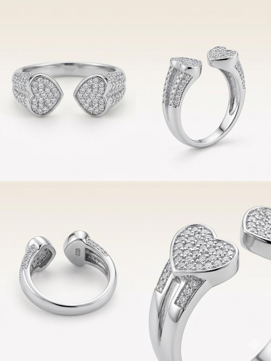 Twin Heart Pavé Open Adjustable Ring
