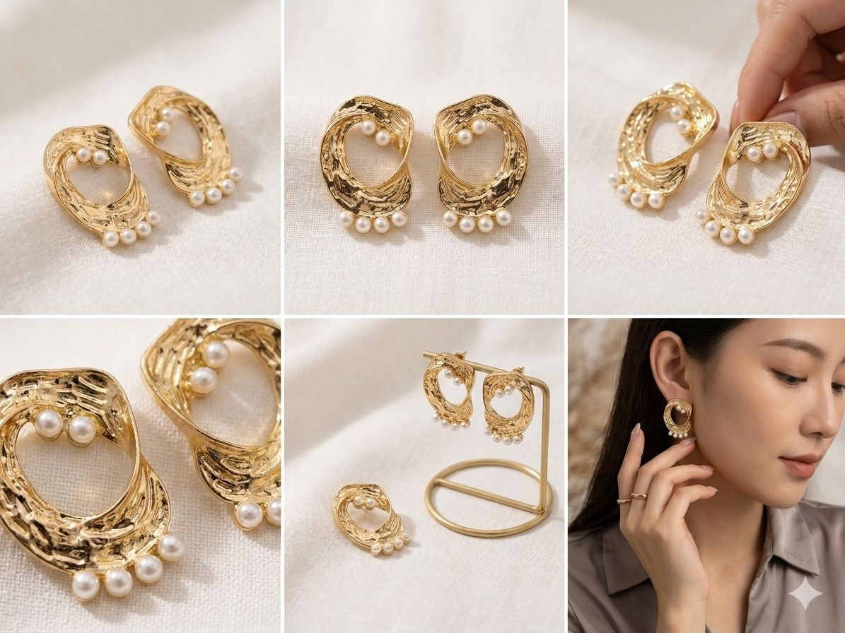 Organic Hammered Pearl Crescent Earrings