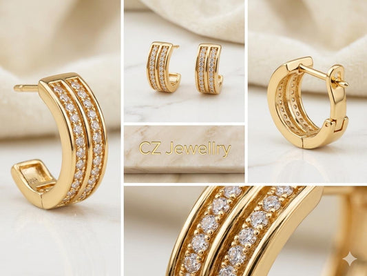 Dual-Row CZ Huggie Hoop Earrings