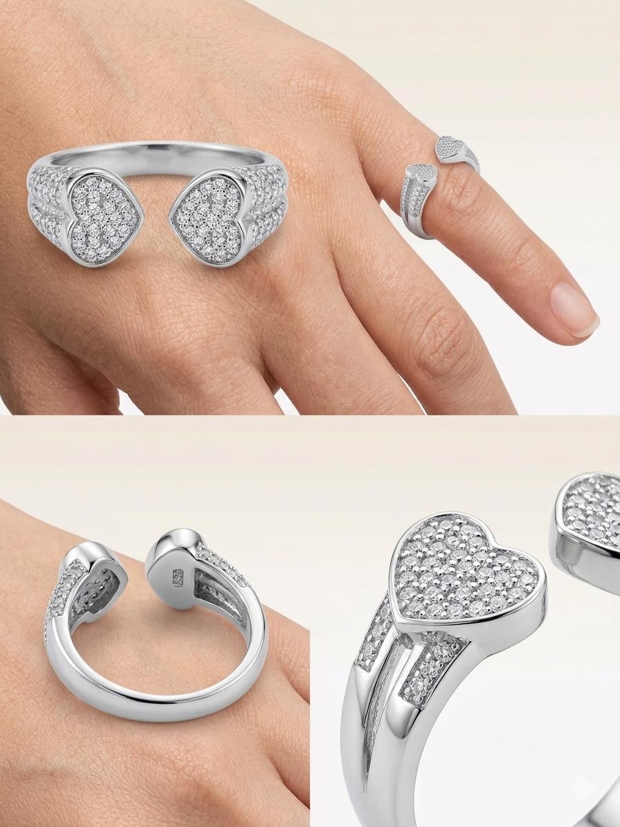 Twin Heart Pavé Open Adjustable Ring