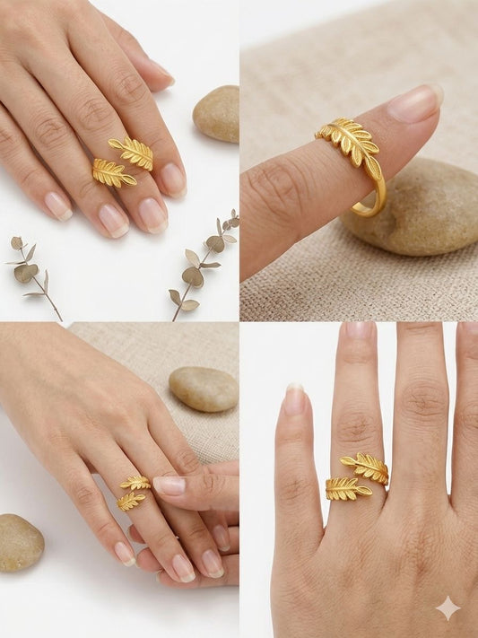Matte Gold Laurel Leaf Bypass Anti Tarnish Ring