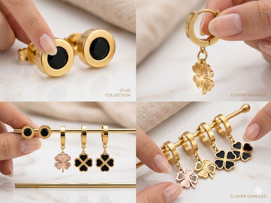 Onyx Bezel Studs & Clover Dangle Collection